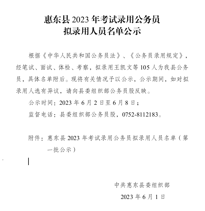 惠东县2023年考试录用公务员拟录用人员名单公示